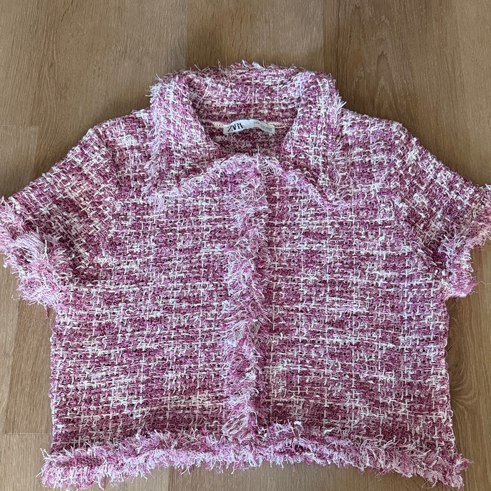 Zara Textured Pink and White Short Jacket